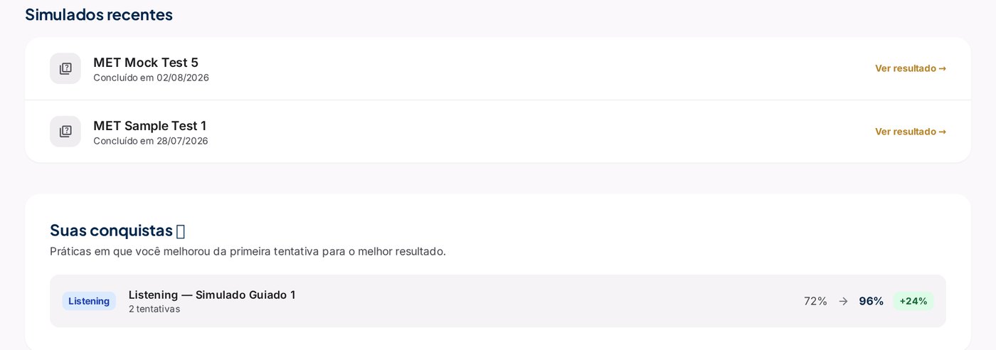 Simulados recentes e conquistas